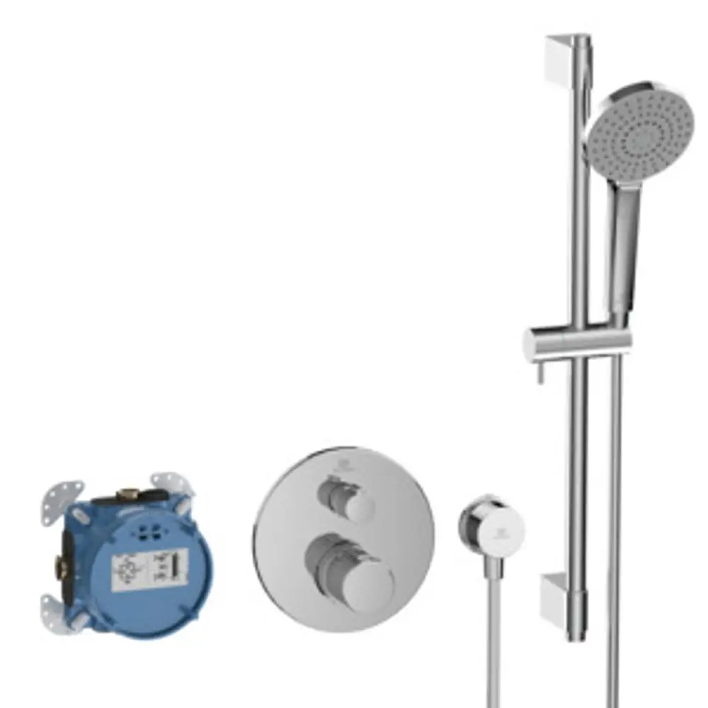 Armaturenset von Ideal Standard mit runder Ausführung in Chrom. Enthält Regler, Aufputz-Brause und Schläuche. Geeignet für die Montage in Duschbereichen.